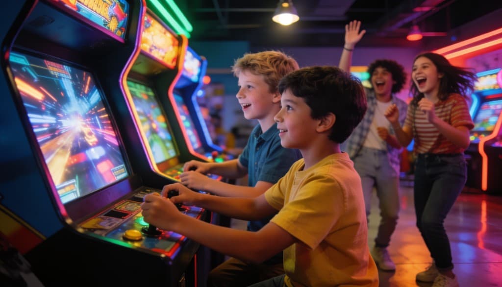 Niños jugando al arcade en un cumpleaños